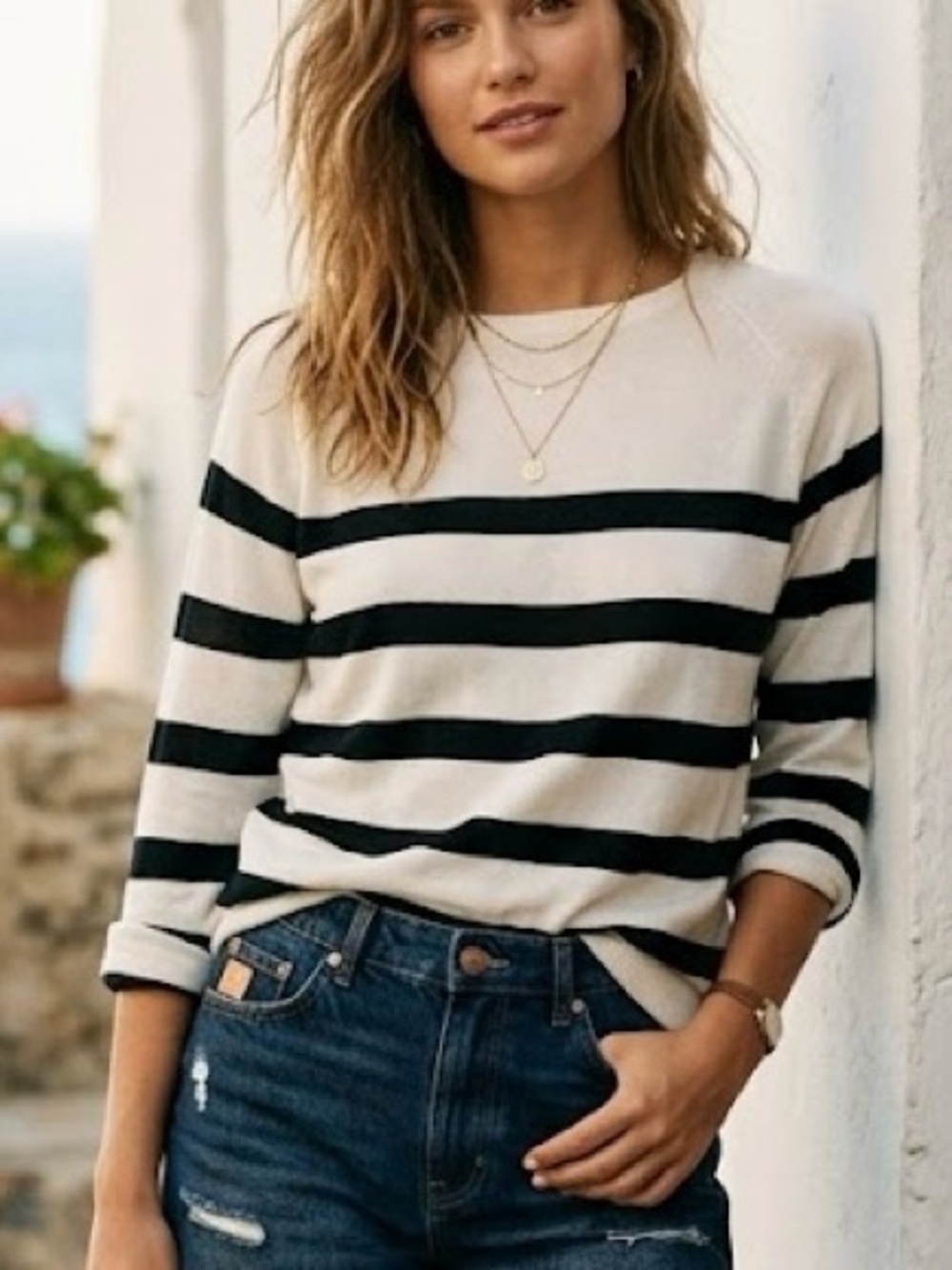 Zara Cream and Black Striped Knit Top